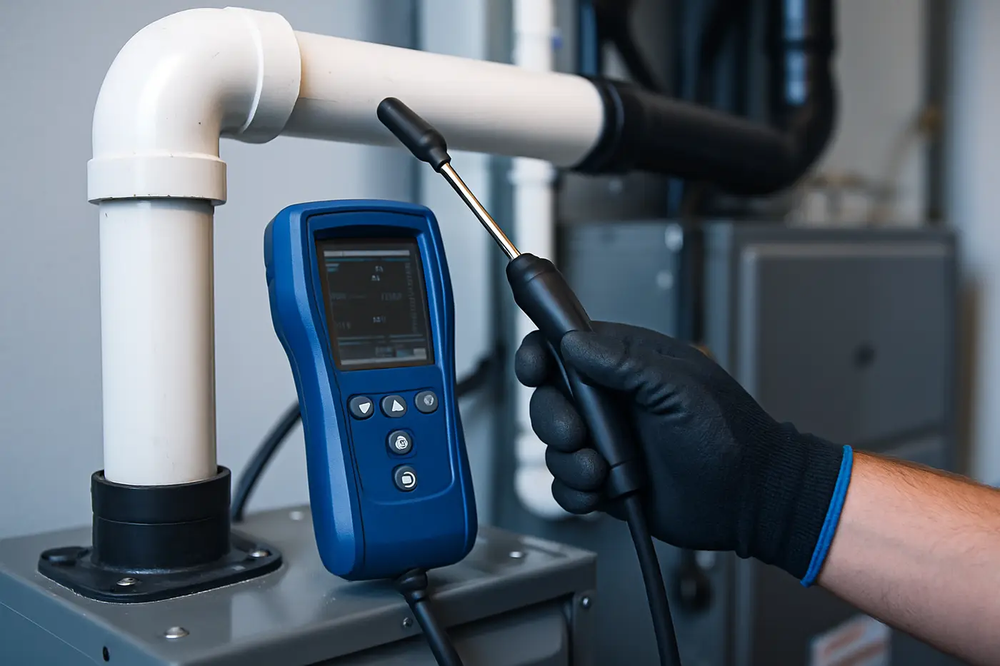 Combustion test during a tune-up Combustion analyzer probe inserted in the exhaust pipe of a gas furnace during a tune-up