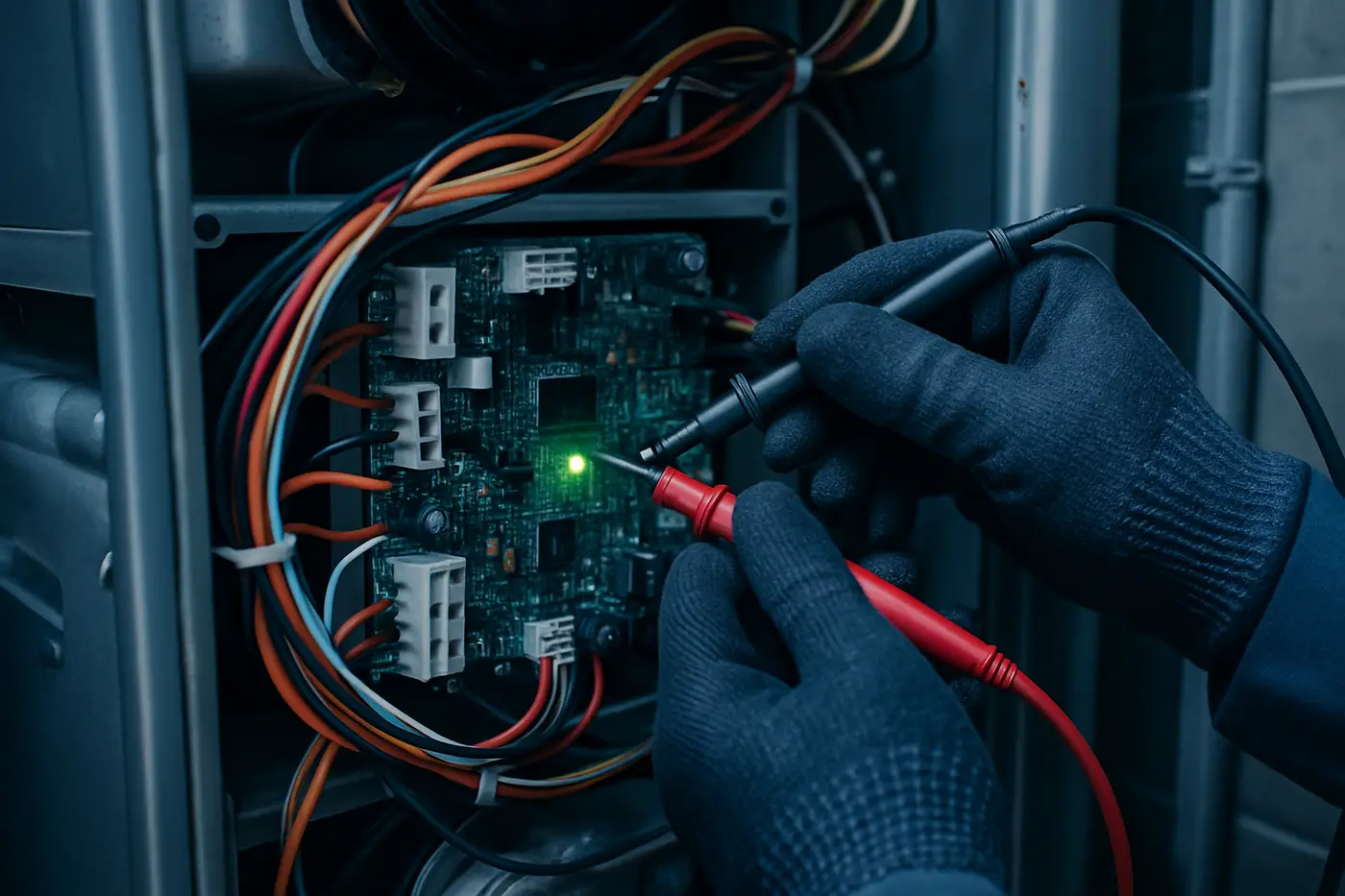 Diagnosing a furnace control board Technician's hands testing a furnace control board with a digital multimeter