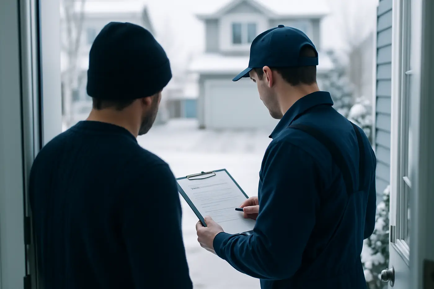 Choosing a furnace company Homeowner reviewing a written furnace quote at the front door with a technician, shown from behind