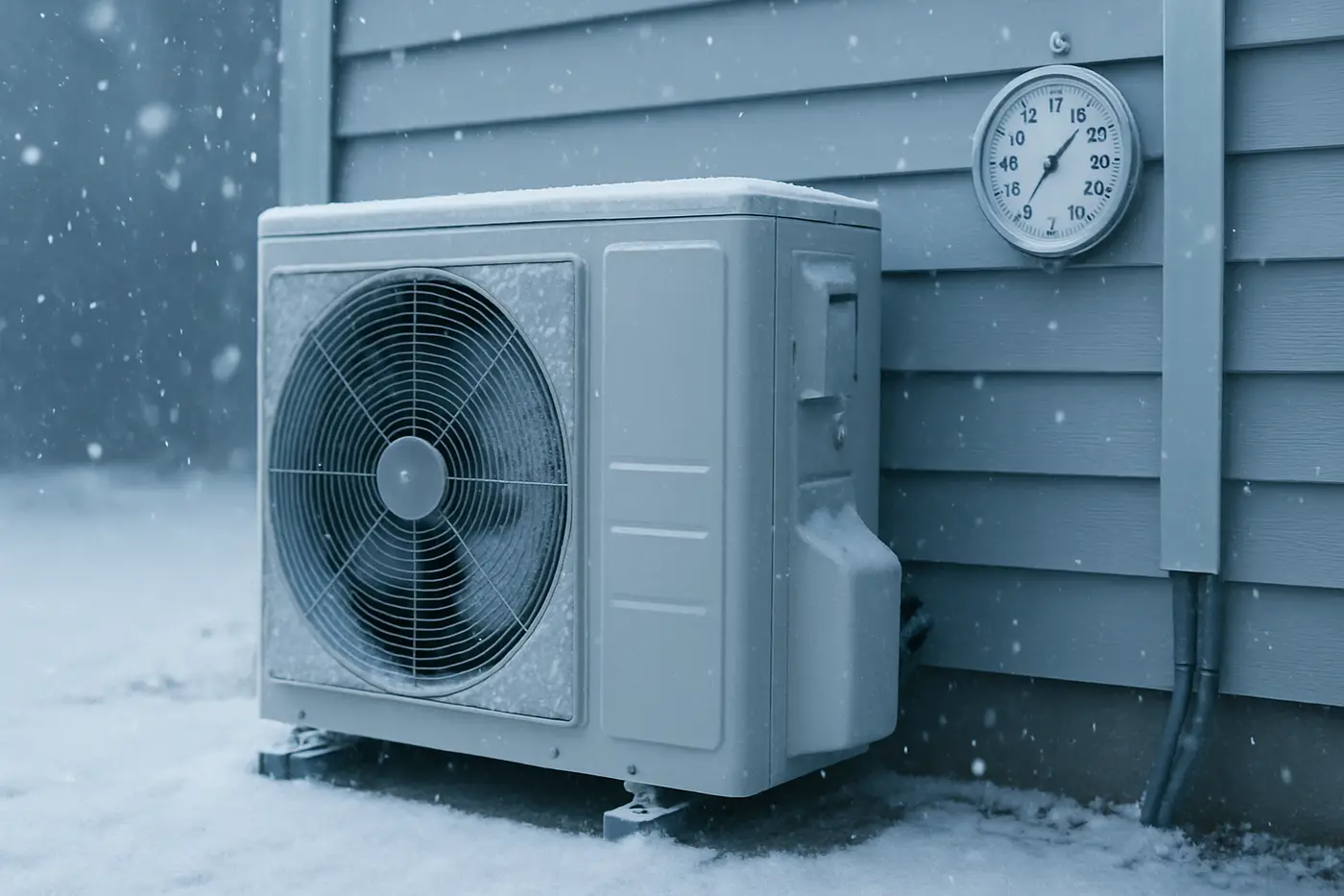Heat pumps in an Edmonton winter Heat pump outdoor unit running in falling snow with a thermometer showing freezing temperatures