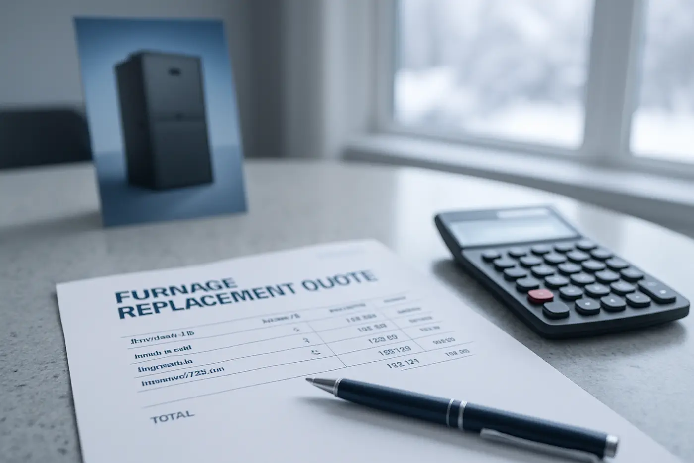 Written furnace replacement quote and calculator on a kitchen table