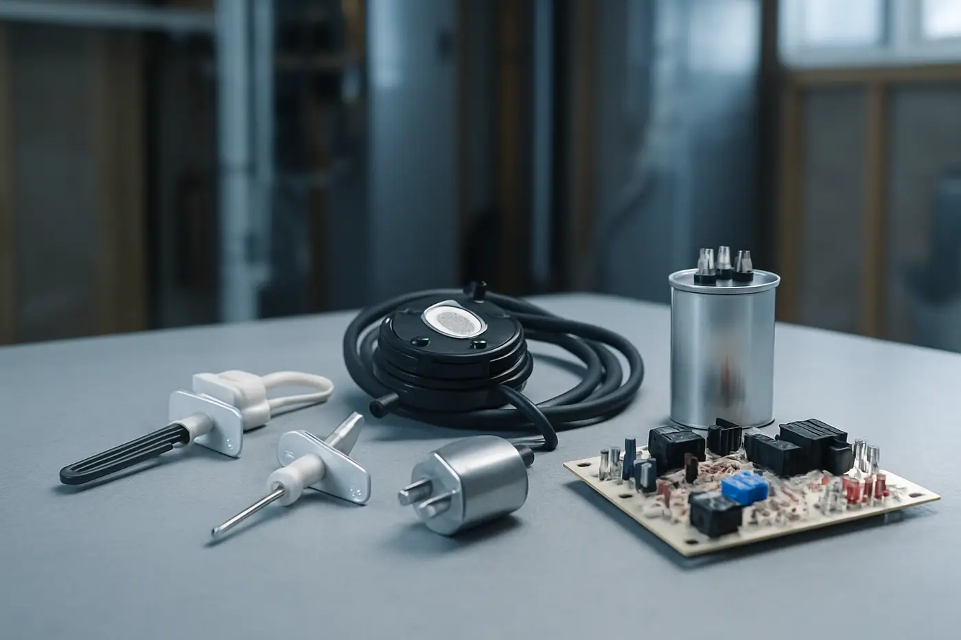 Replacement furnace parts laid out: igniter, flame sensor, pressure switch and capacitor