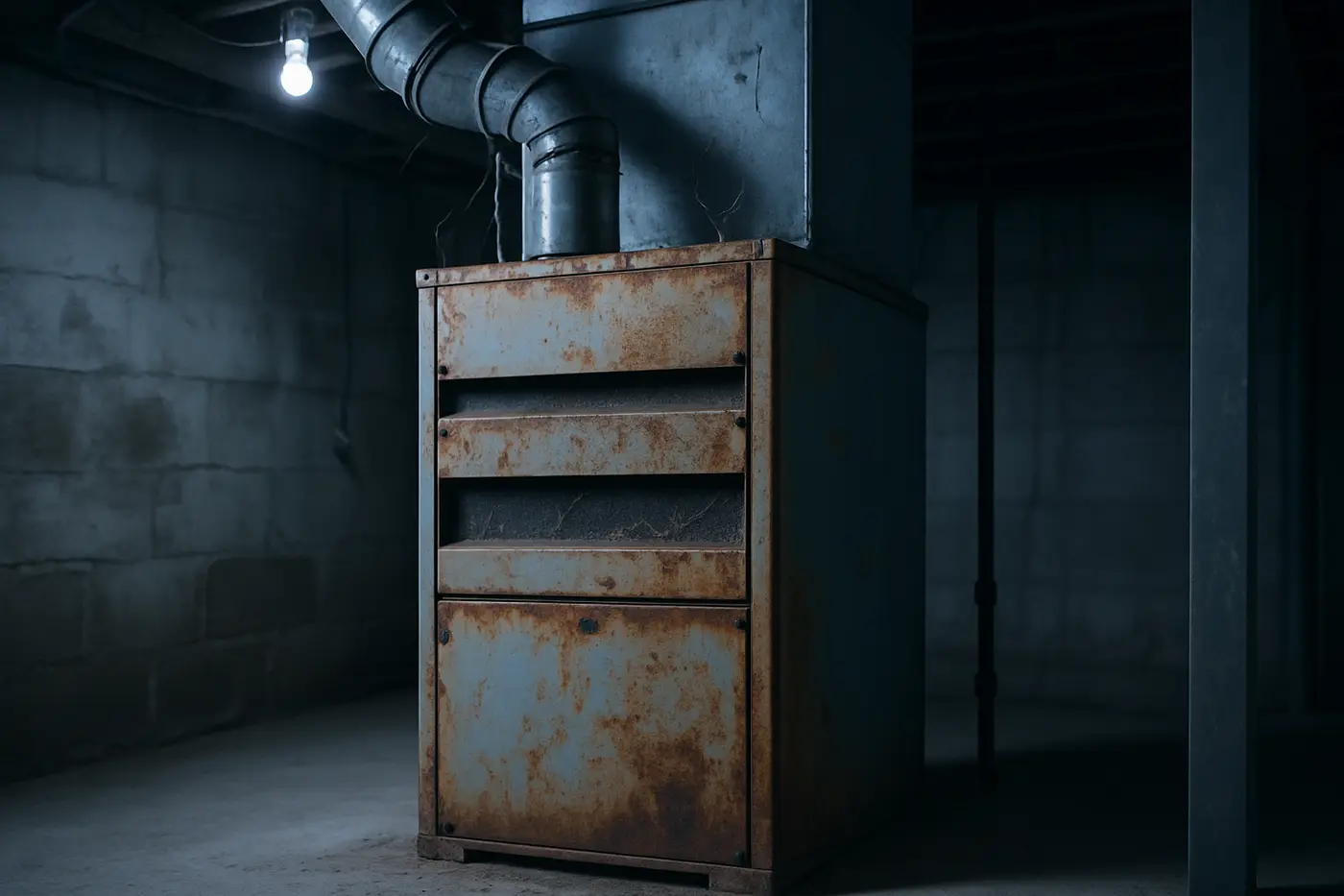 Repair or replace Aging furnace in an Edmonton basement with rust stains on the cabinet