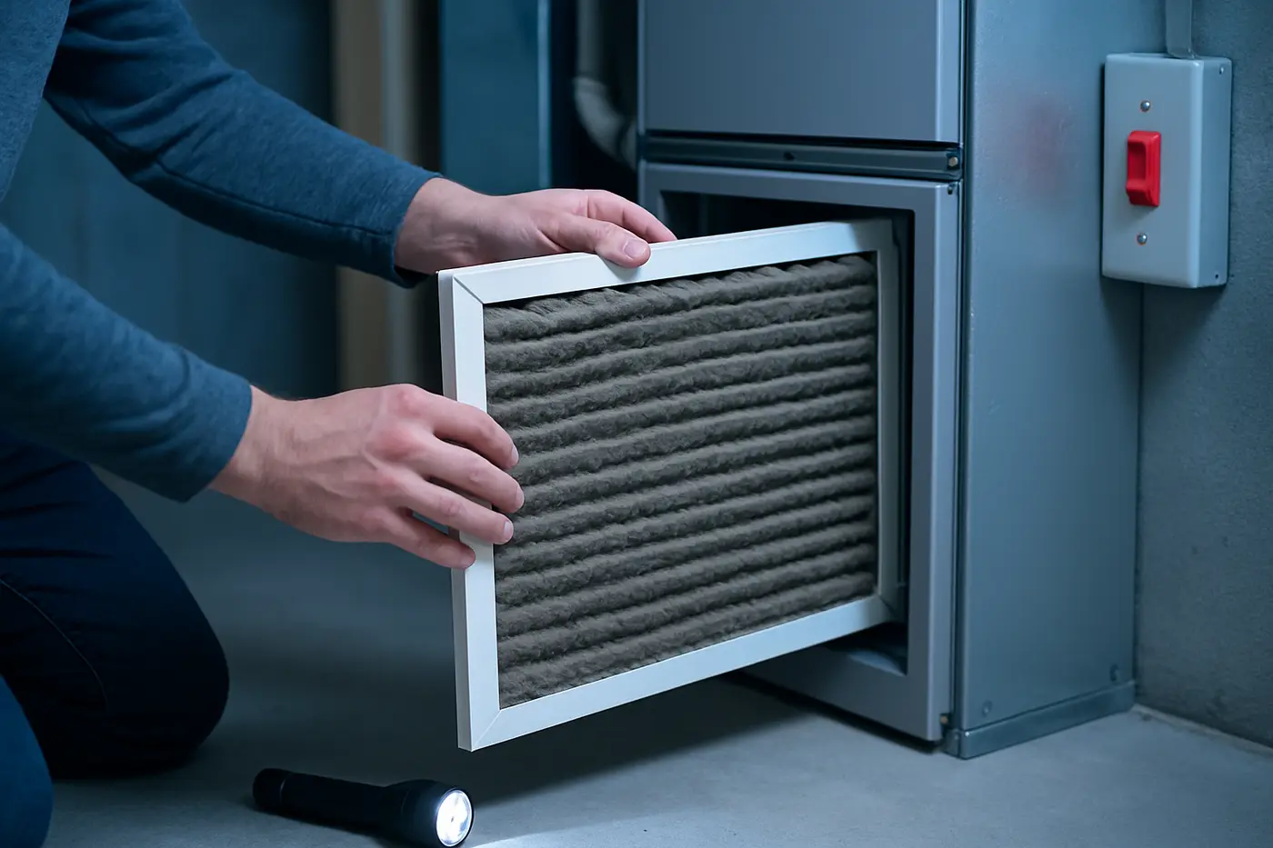 Homeowner checking the furnace filter and power switch in a basement