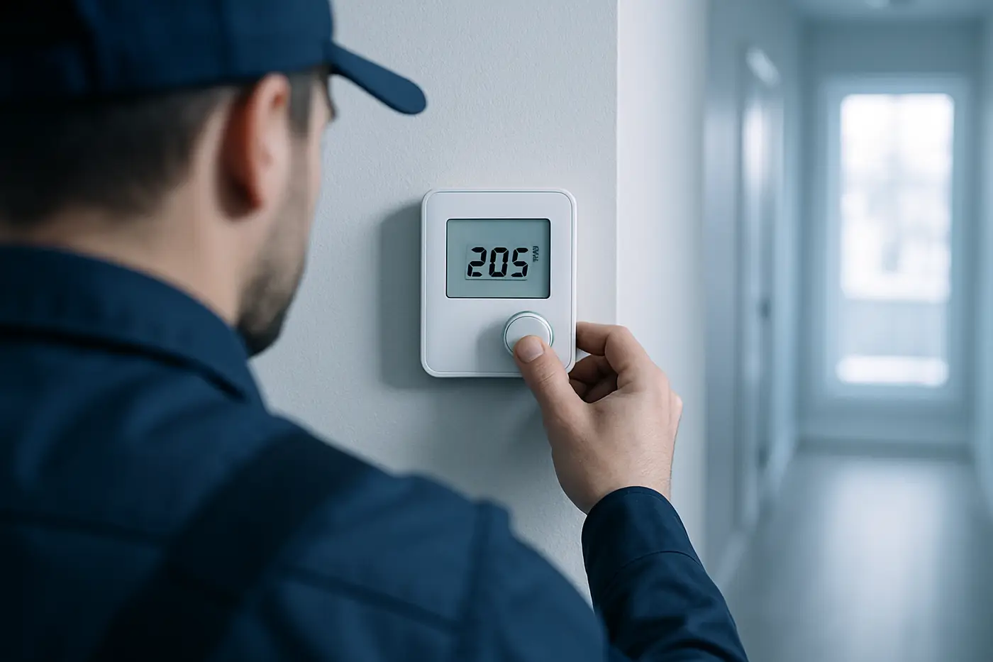 Technician checking a wall thermostat in an Edmonton home
