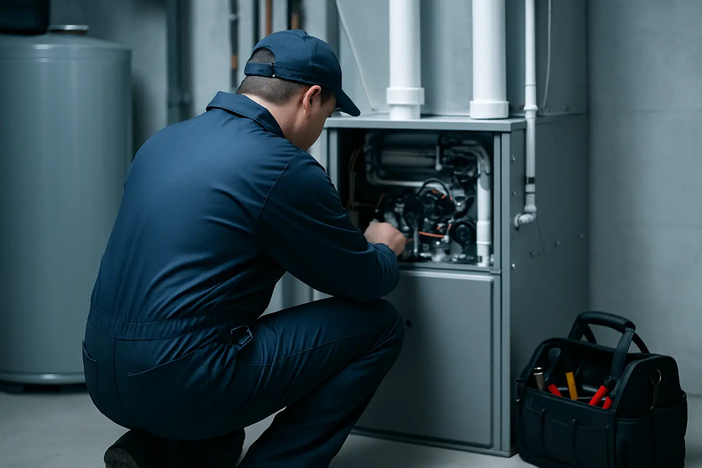 Furnace repair in Edmonton Heating technician in navy work clothes servicing a high-efficiency gas furnace in an Edmonton basement