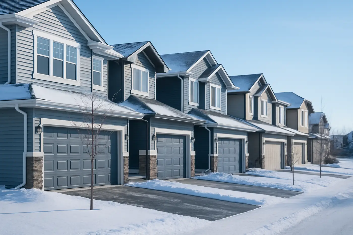 Southwest Edmonton Newer two-storey homes with front garages in a southwest Edmonton subdivision in winter