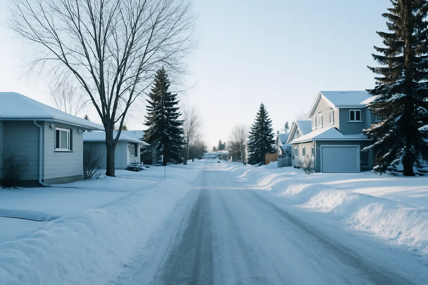 Edmonton homes we service Snowy residential street of 1970s bungalows and two-storey homes in Edmonton