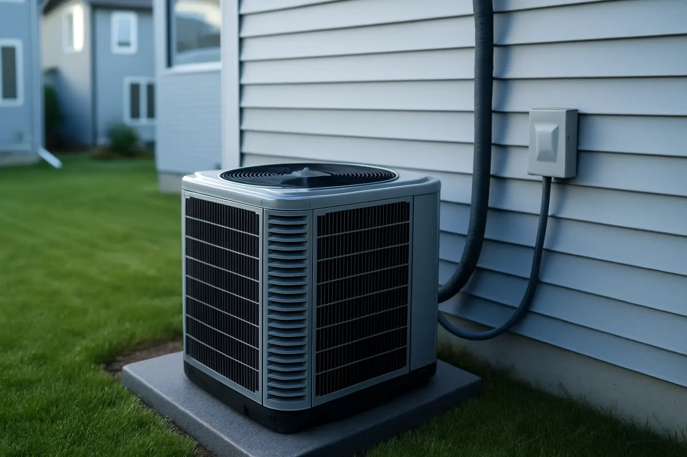 Air conditioner installation New central air conditioner condenser on a pad beside an Edmonton home