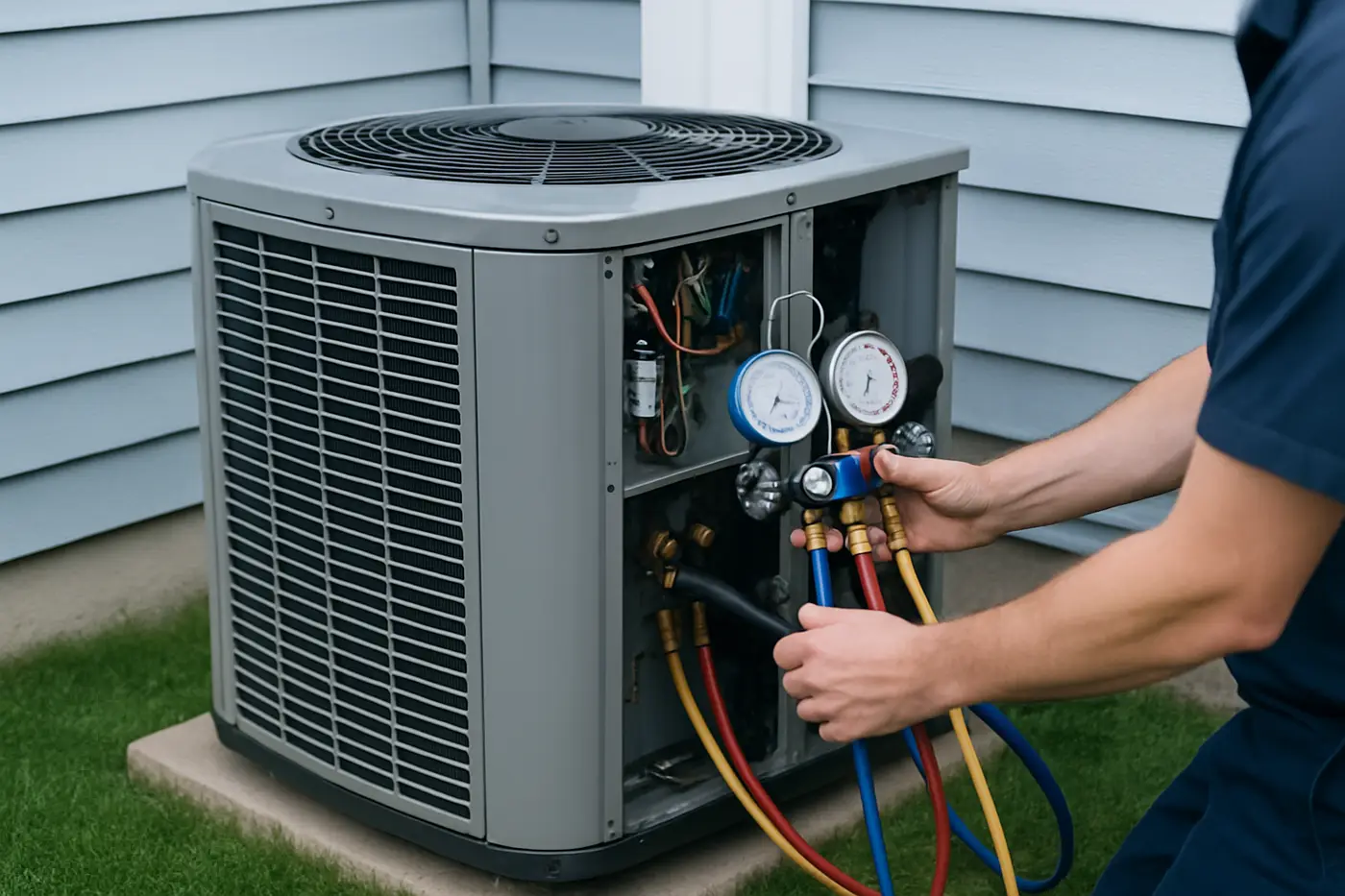 Air conditioner repair Technician testing an outdoor central air conditioner condenser in summer