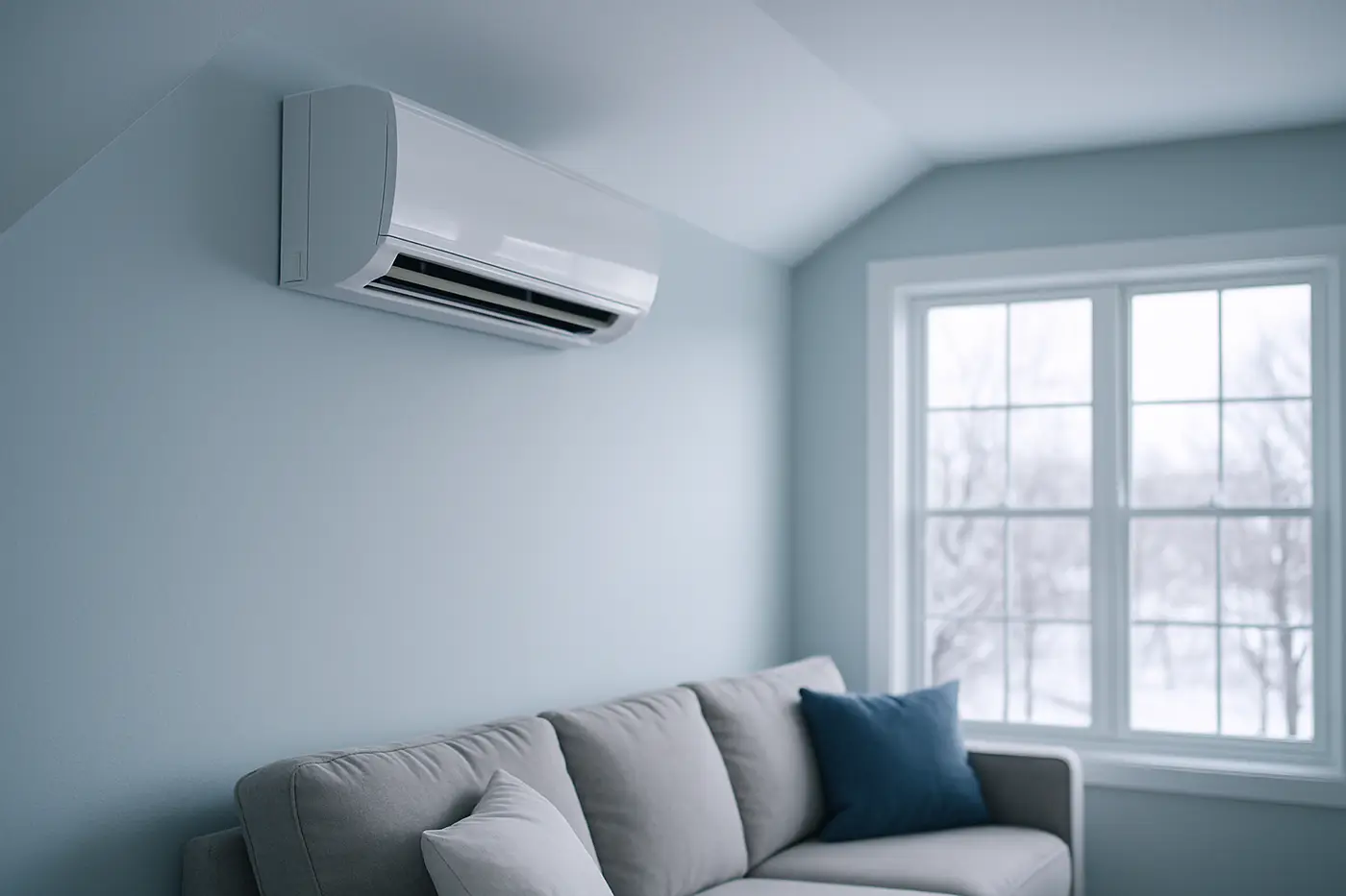 Ductless mini-split Ductless mini-split indoor head mounted high on a bonus room wall