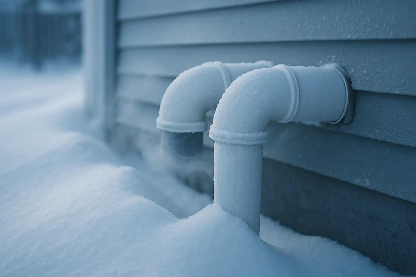 Emergency furnace repair Snow-drifted furnace intake and exhaust vent pipes on the side wall of an Edmonton house