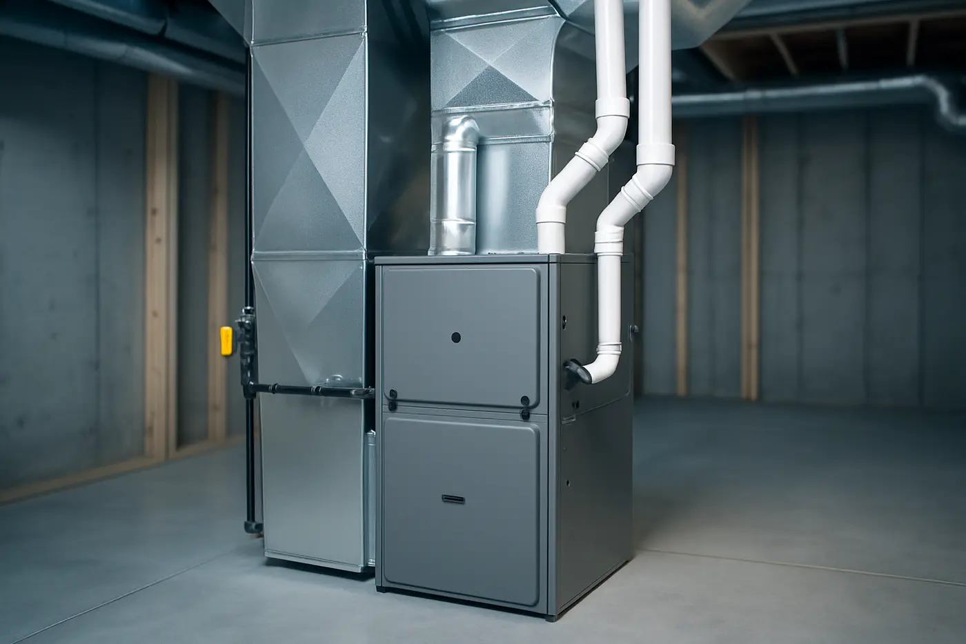 Furnace installation New high-efficiency gas furnace installed with fresh ductwork and PVC venting