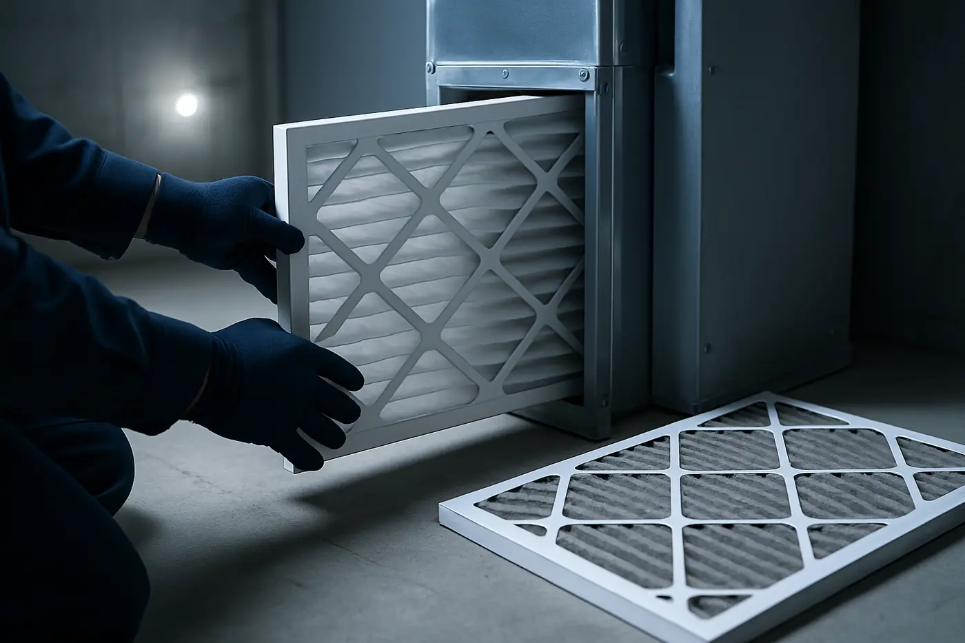 Furnace tune-up Technician replacing a pleated furnace filter during a tune-up