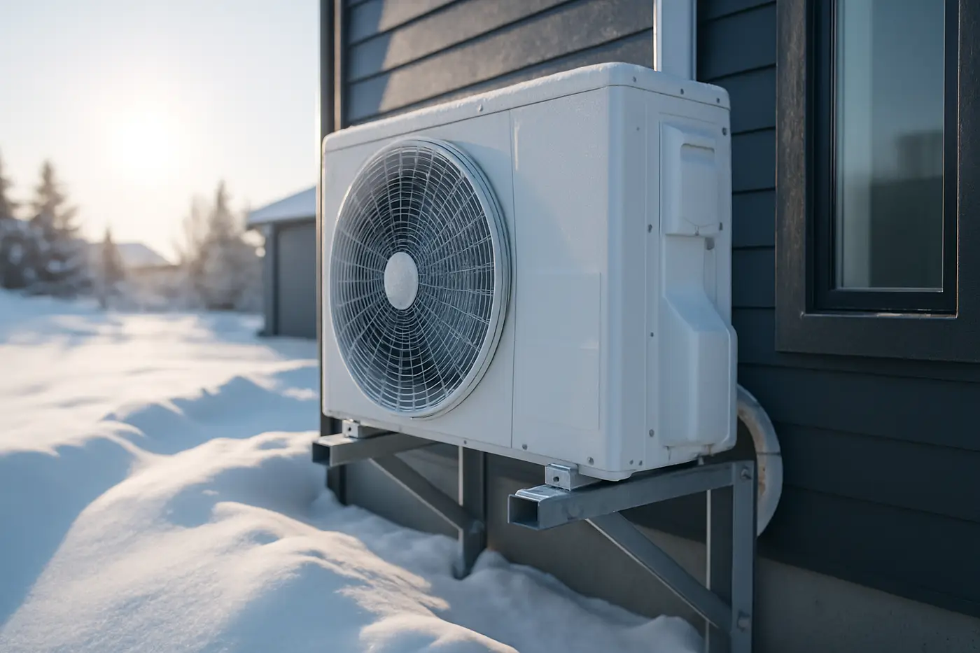 Heat pump installation Cold-climate heat pump outdoor unit on a wall bracket above the snow