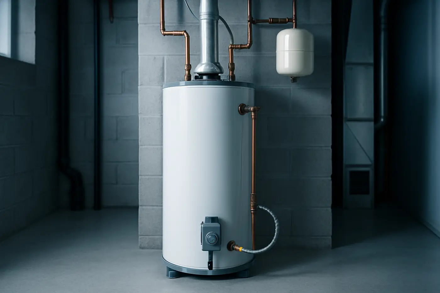 Hot water tank repair and replacement Gas hot water tank with venting and shut-off valve in a basement utility room