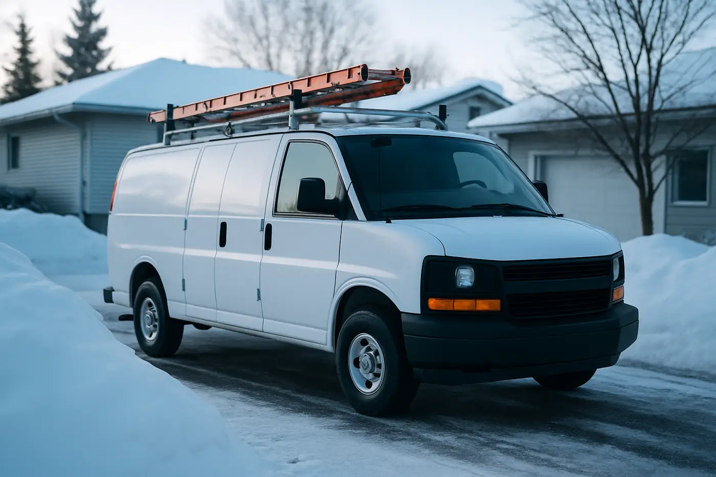 Service calls across Edmonton White HVAC service van parked in a snowy Edmonton driveway