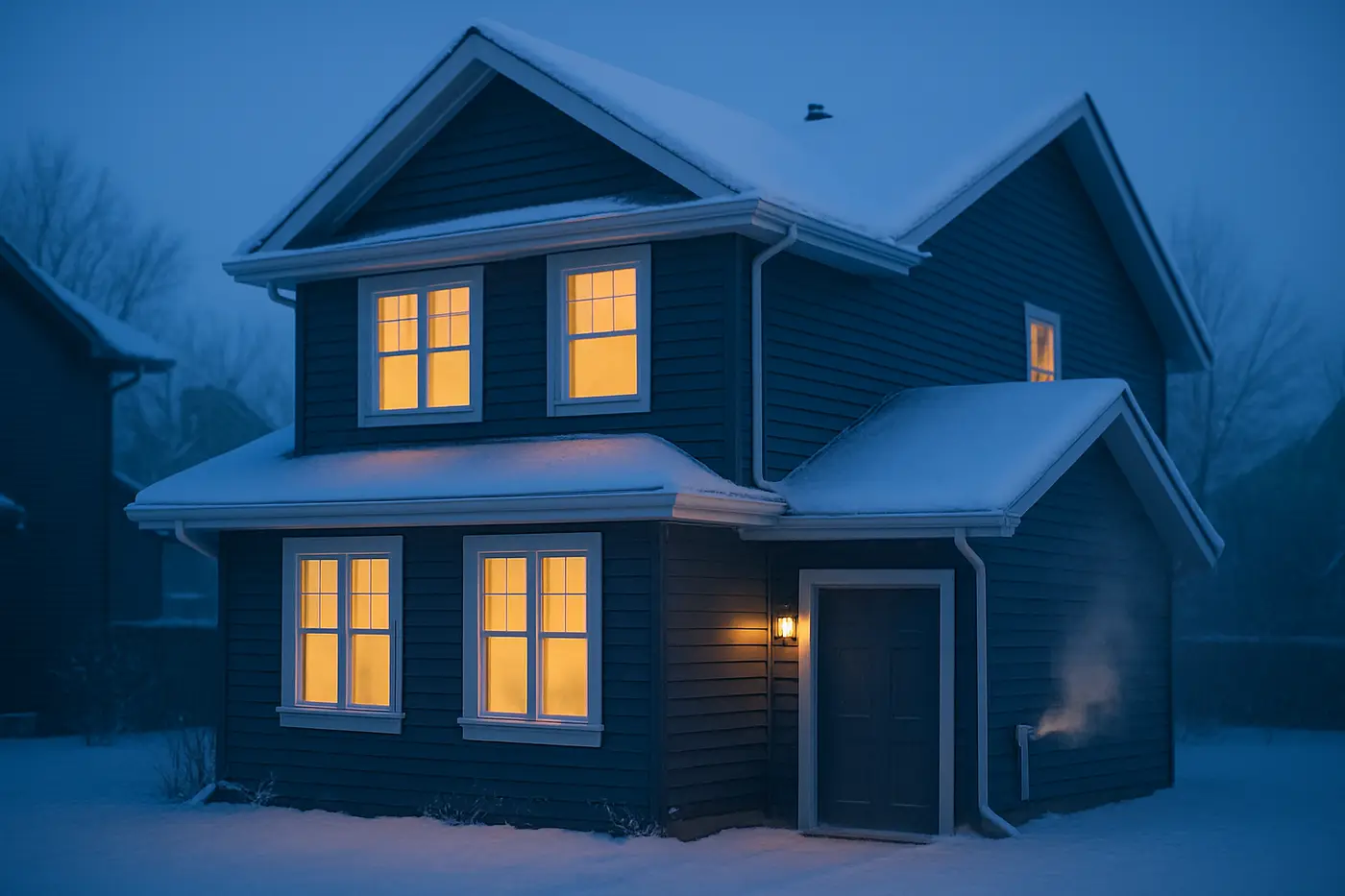 Heat that holds through an Edmonton winter Edmonton house in winter with snow on the roof and warm light in the windows at dusk